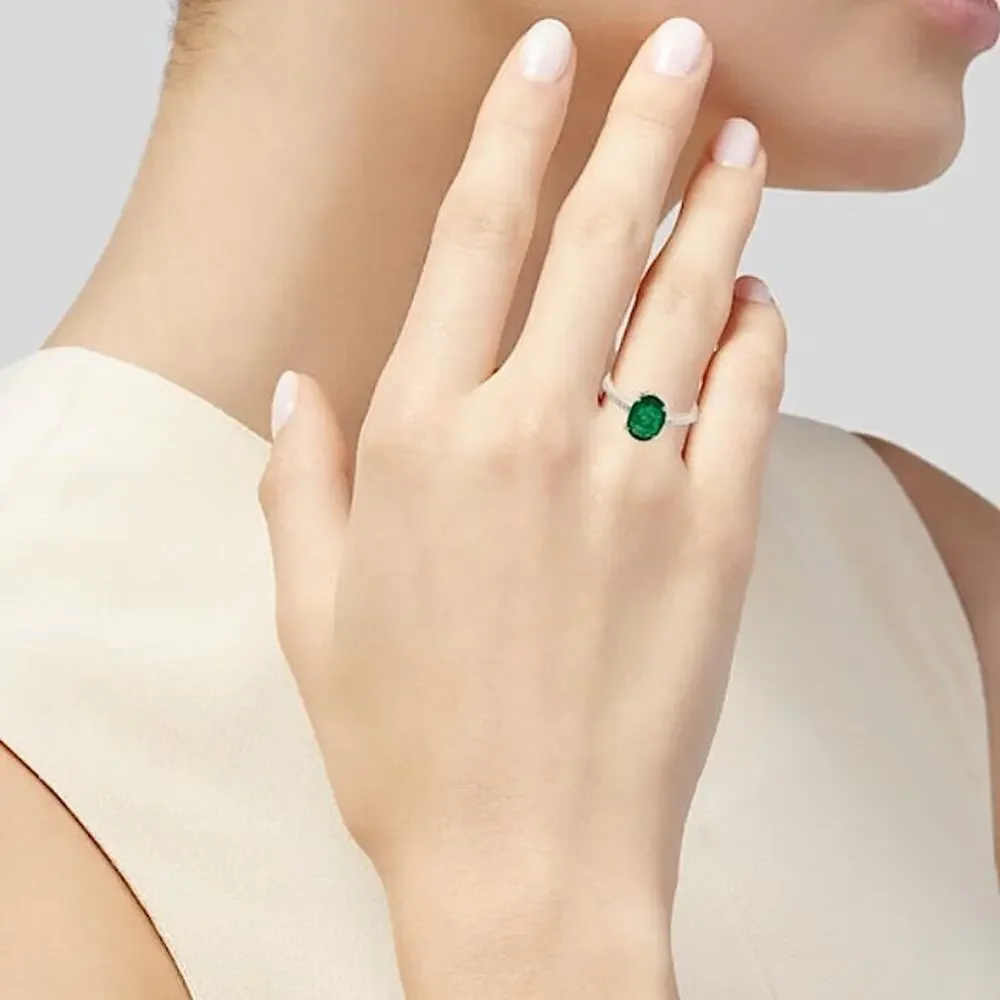 14K Yellow Gold 1.27ct Oval Emerald & 0.12 ct Diamond Cocktail Ring Size: 7 New
